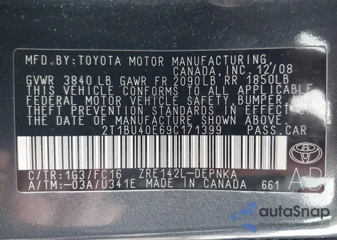 2009 Toyota Corolla Xle из США, поврежденный, VIN 2T1BU40E69C171399